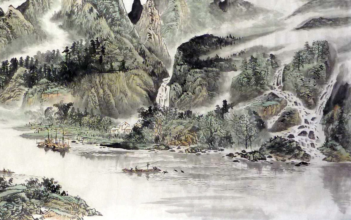 名家山水画《江流天地外,山色翠浮空》 - 山水画- 99字画网