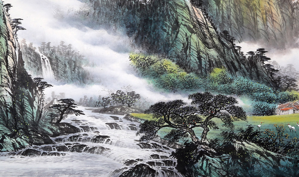 大川,其作品云雾灵动,山体雄厚,瀑流逼真,动感十足,在桂林山水画界有