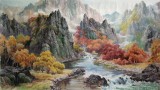 朝鲜风景画昌实作品《小溪之夜》 - 朝鲜画- 99字画网