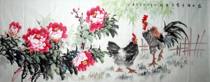 牡丹公鸡图 春风得意富贵吉祥 - 花鸟画 - 99字画网