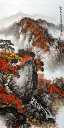 秋景山水画作品《秋高气爽》 - 写意山水画 - 99字画网