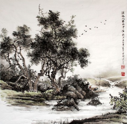 宾馆装饰画《溪边人家水中忙》 - 写意山水画 - 99字画网