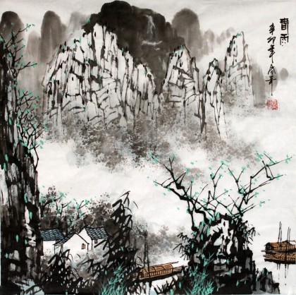 漓江山水画《春雨 写意山水画 99字画网