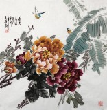 【已售】王芳四尺斗方牡丹画《花香鸟语多》