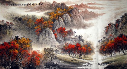 【已售】名家六尺秋景山水画《山叶红时绝胜春》