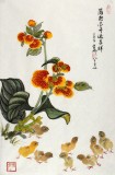 SK蒲家瑞四尺三开小鸡图《蒲包花开迎吉祥》(询价)