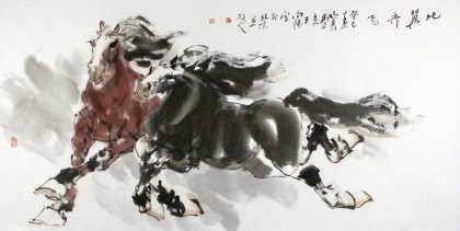 王向阳四尺比翼齐飞骏马图