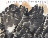 李绍山四尺三开浓墨写意山水画《高台万木风》