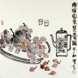 【已售】李胜春三尺斗方葡萄国画品茶图《寒夜客来茶当酒》