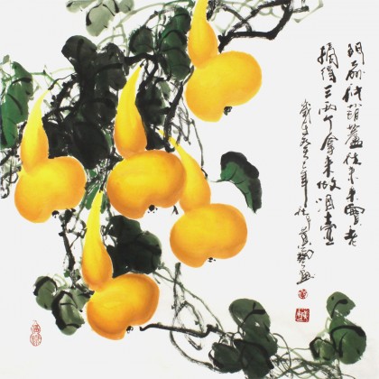 【已售】四尺斗方吉祥招财葫芦画《门前种葫芦》