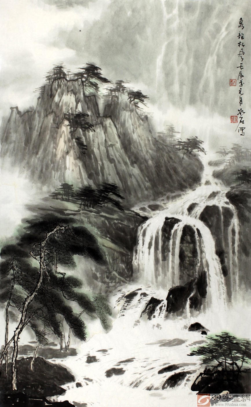 带有瀑布的山水画泉韵松风 - 写意山水画 - 99字画网