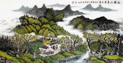 【已售】宁良成四尺田园山水画《水绿山青春日长》