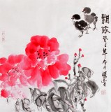 【已售】李胜春三尺斗方牡丹小鸡《相依》