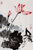 QA辽宁著名画家苗雨四尺三开国画荷花《清香远溢》