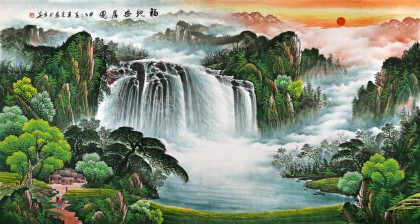 【已售】吴东六尺青绿山水画《福地安居图》