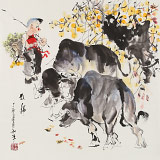 【已售】尹和平 四尺斗方《牧归》 当代乡土童趣绘画名家