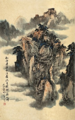 何实 四尺三开《流云缥缈隐仙坛》 吉林著名山水画家