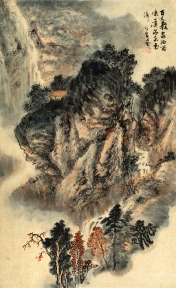 何实 四尺三开《百丈飞泉》 吉林著名山水画家